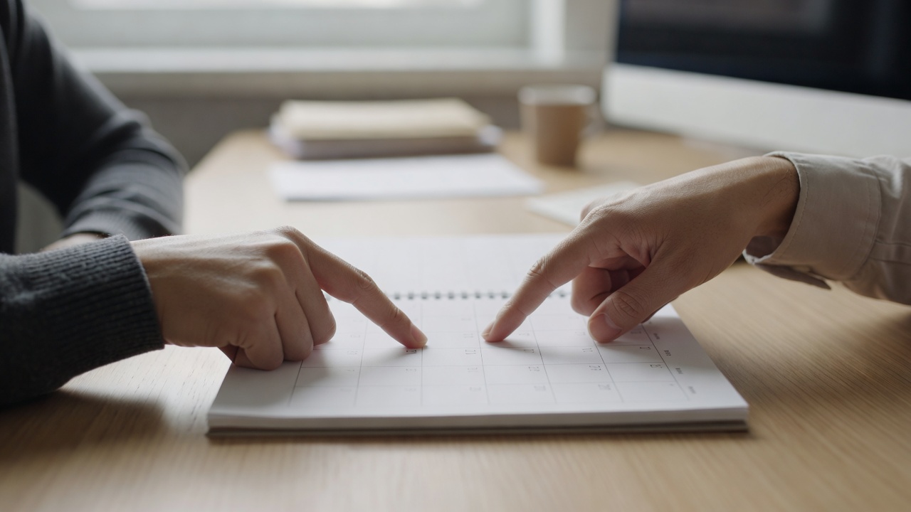 Two people pointing to a date on a shared desk calendar