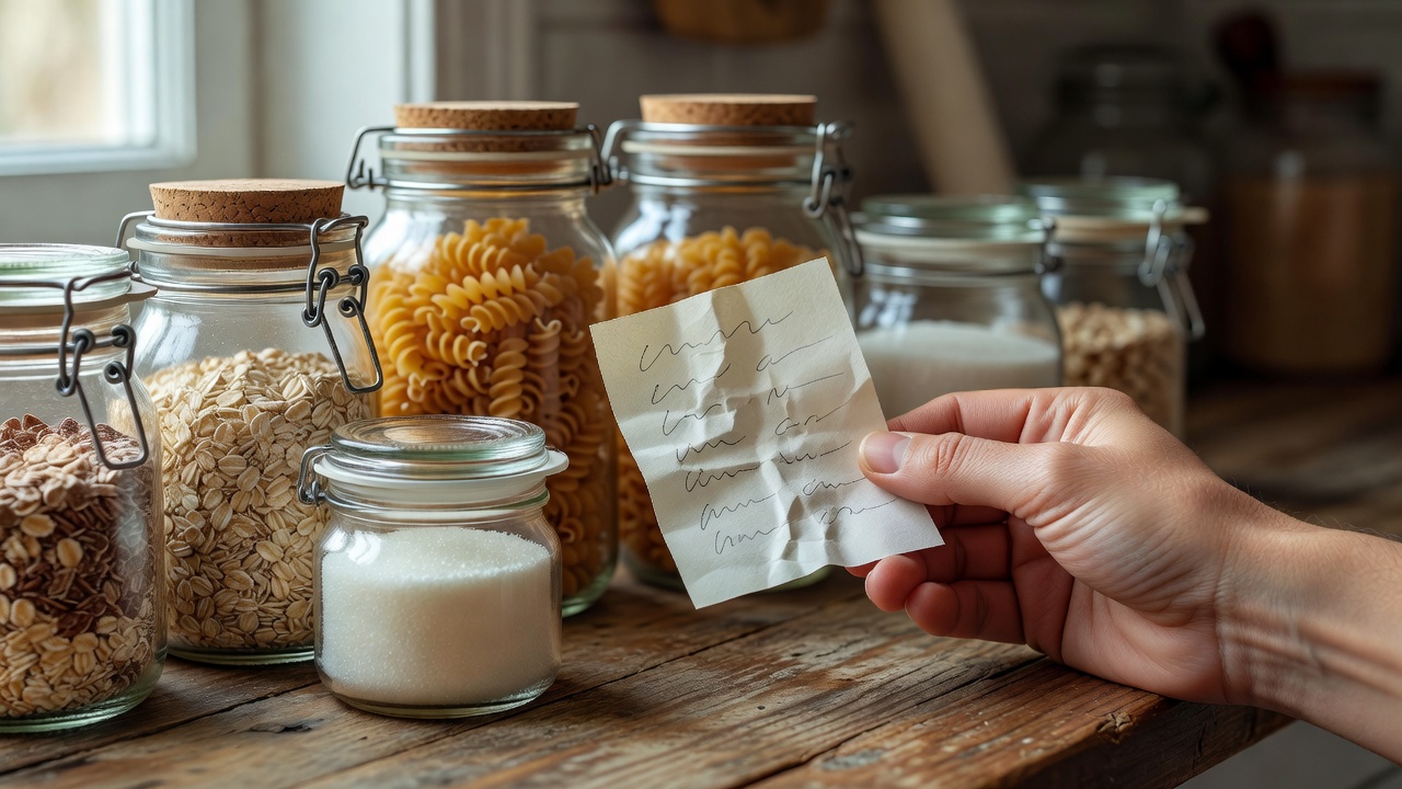 A hand checking a handwritten shopping list beside pantry jars