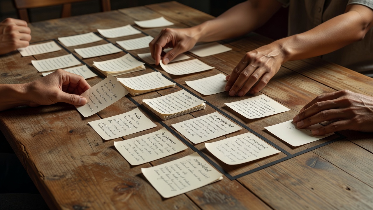 Hands arranging handwritten project task cards into stages on a table