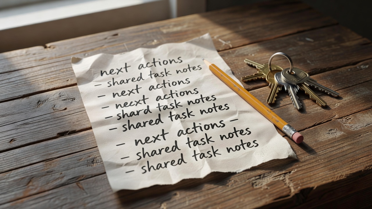 Handwritten next actions and a pencil beside a small set of household keys